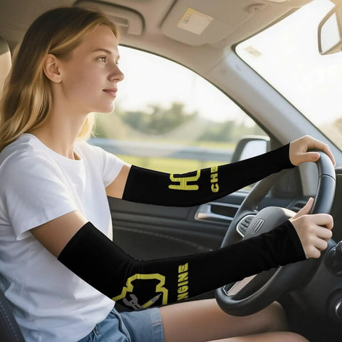 Top Shelf Sun Protection Compression Arm Sleeves Breathable Ice Silk Guards For Cycling Golf Basketball Keep Your Arms Chill And Look Fly With This Comfy Unisex Fit worn by a woman driving, showcasing black design.