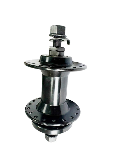 36 Hole Aluminum Front Hub For Mountain Road And E Bike Applications, 100mm QR Spacing, Disc Brake Ready, Lightweight CNC Machined Wheel Replacement Component For MTB Road City Bikes on white background