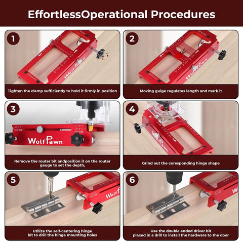 Rugged Aluminum Door Hinge Jig For Precise Mortises Built To Last, Adjustable Router Jig in operation with door hinge steps.