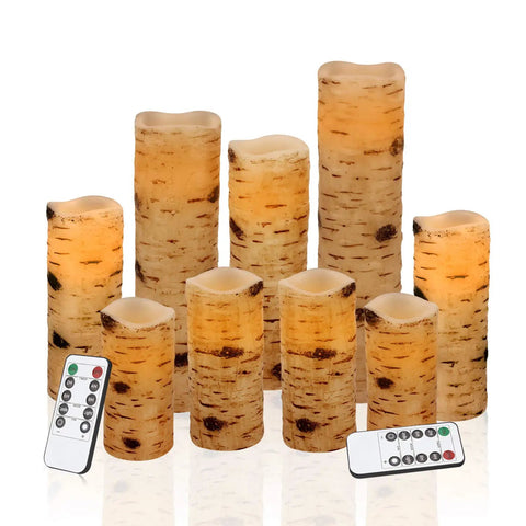 Birch Effect Flameless Wax Pillar Candles Set Of 9 LED Battery Operated Pillars 4 5 6 7 8 9 Inches With 10 Key Remote
