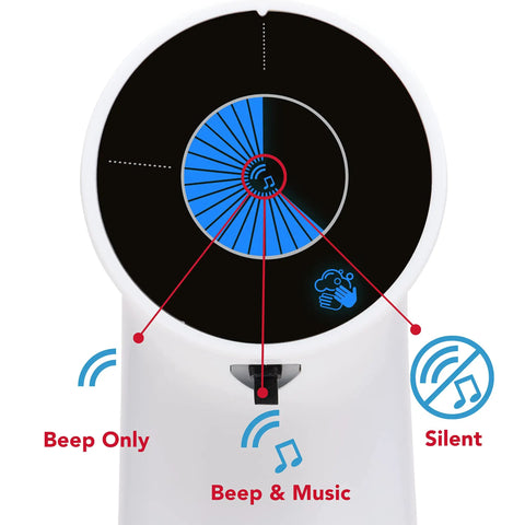 Hands Free Hassle Free Automatic Soap Dispenser With 30 Second Visual Countdown Timer showing sound settings options