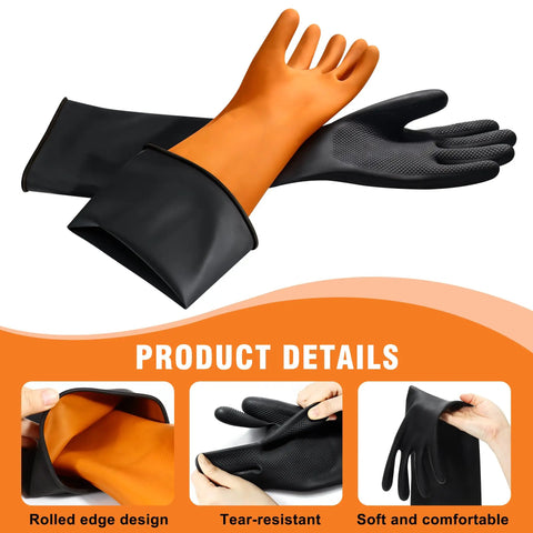 Heavy Duty Chemical Resistant Rubber Gloves With Killer Anti Slip Grip Long Cuff Workhorse Grade Industrial Safety Gear, orange and black, 22 inch, for messy jobs.