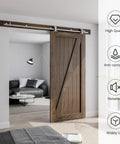 Stainless Steel Sliding Door Hardware Kit 5 Ft Top Mount For Wooden Single Door Fits 30 Inch Wide Panel T Style Rails Rollers Durable Rust Resistant Track System shown installed in living room setting.