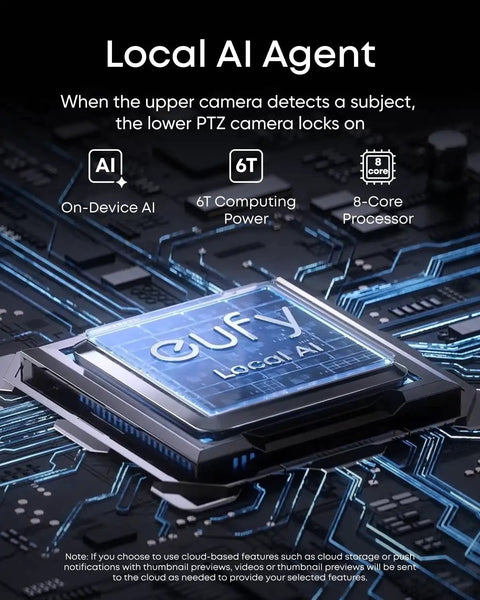 Close-up of a microchip labeled 'Local AI' on a circuit board, AI features for PoE NVR Security System with 4K Turret Cameras, 16 Channel Expansion