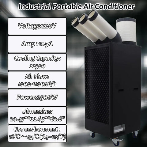Badass 22500 Btu Heavy Duty Industrial Mobile Air Conditioner Portable Spot Cooler with Monster 1100 M3h Airflow 3 Adjustable Vents Built In Tank for Warehouse Factory Site and Outdoor Event Rock Solid Cooling Solution with three exhaust outlets.