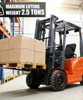 Heavy Duty Electric Forklift With 2.5 Ton Lift Capacity, Industrial Pallet Stacker For Warehouse Logistics And Factory Use Includes Lead Acid Battery Powered High-Bay Rack Access Equipment In Bright Orange, lifting boxes in a warehouse