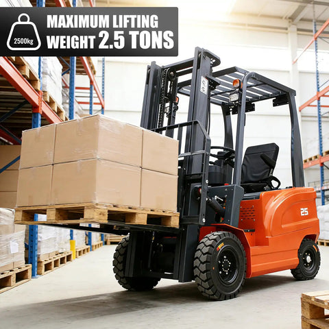 Heavy Duty Electric Forklift With 2.5 Ton Lift Capacity, Industrial Pallet Stacker For Warehouse Logistics And Factory Use Includes Lead Acid Battery Powered High-Bay Rack Access Equipment In Bright Orange, lifting boxes in a warehouse