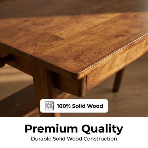 Close-up view of Score This Legit 47 Inch Solid Wood Writing Desk With Warm Walnut Finish showcasing 100% solid wood surface.
