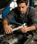 Mechanic using Heavy Duty 8 Inch Adjustable Wrench With Ergonomic Comfort Grip, Extra Wide Jaw, High Carbon Steel for engine repair