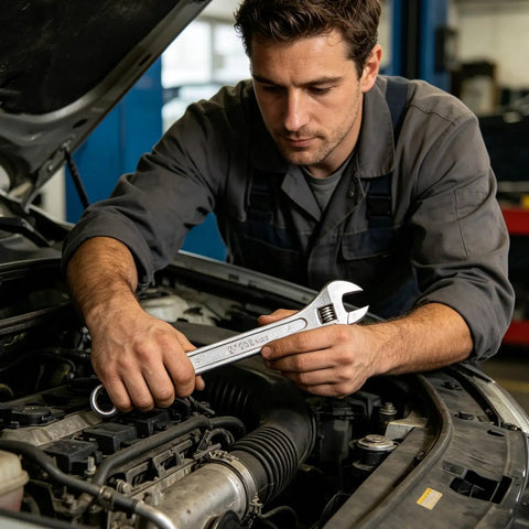Mechanic using Heavy Duty 8 Inch Adjustable Wrench With Ergonomic Comfort Grip, Extra Wide Jaw, High Carbon Steel for engine repair
