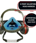Front view of Lightweight Half Face Respirator Mask With A2P3 Cartridges showing 4-point adjustable head harness and silicone face piece.