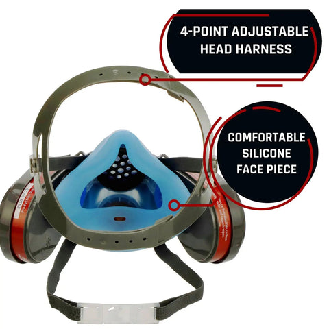 Front view of Lightweight Half Face Respirator Mask With A2P3 Cartridges showing 4-point adjustable head harness and silicone face piece.