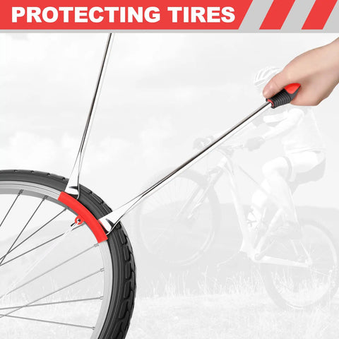 15 Inch Tire Spoon Kit For Motorcycles Dirt Bikes And Lawn Mowers 29 Piece Tire Removal Tool Set With Spoons Rim Protectors Valve Tool Valve Cores Caps And Storage Bag Pro Grade Hardened Steel, showing spoon leveraging tire with rim protector.