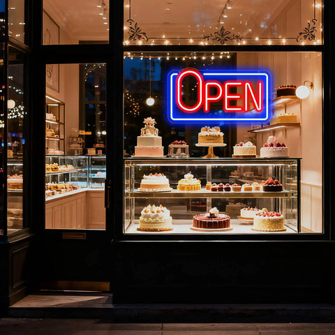 22 Inch LED Neon Open Sign For Storefront Windows, Bright Blue And Red Open Sign To Light Up Your Biz Hours, Durable Silicone Build