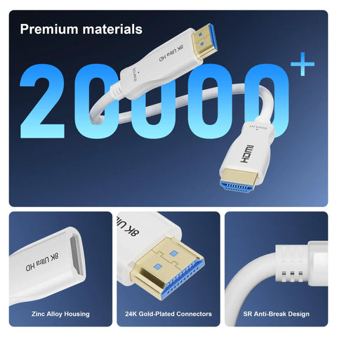 Badass Built 20 Foot 8K HDMI Cable Ultra Thin 48Gbps Heavy Duty Rock Solid Cord for PS5 and Xbox with zinc alloy housing.