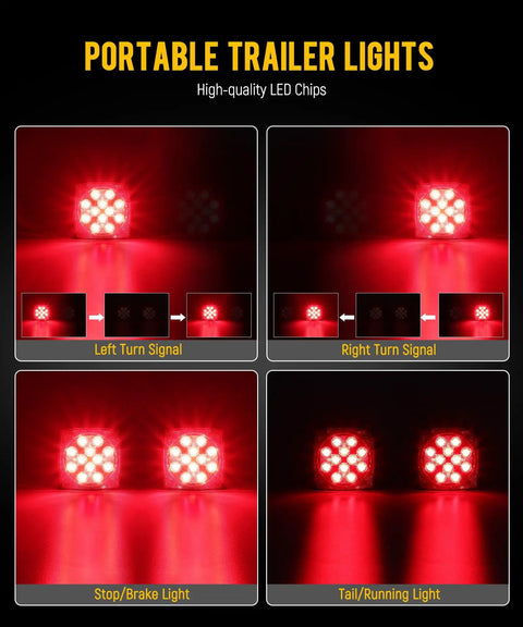 Wireless Magnetic LED Trailer Lights Kit with 7 Pin Plug, showing left, right turn signals, stop light, and tail light functions.
