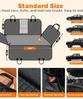 Diagram of 4 In 1 Dog Car Seat Cover For Back Seat Paw Proof Waterproof Hammock With Mesh Window And Side Flaps Converts To Bench Back Seat Cover Cargo Liner Or Picnic Mat For Cars SUVs And Mid Size Trucks showing size and installation details.
