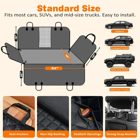 Diagram of 4 In 1 Dog Car Seat Cover For Back Seat Paw Proof Waterproof Hammock With Mesh Window And Side Flaps Converts To Bench Back Seat Cover Cargo Liner Or Picnic Mat For Cars SUVs And Mid Size Trucks showing size and installation details.