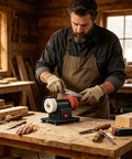 Heavy Duty Mini Bench Grinder With Dual Grinding Wheels For Precise Tool Sharpening and Burr Removal Electric Tabletop Machine in use.