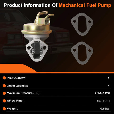 Mechanical Fuel Pump With Spring Plug And Play Direct Fit For Classic GM Cars, shown with gaskets and product specifications.