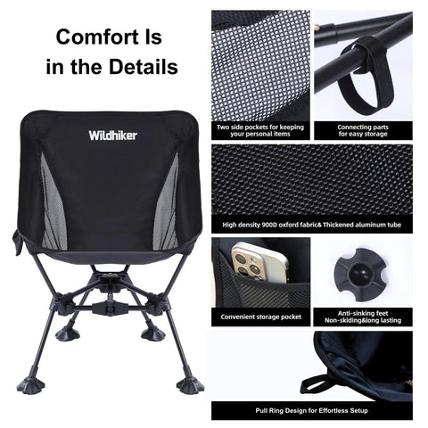 Ultralight Backpacking Chair For Adults With Pouch, black folding camping chair, features like pocket and anti-sinking large feet.
