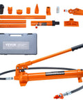 10 Ton Portable Hydraulics Porta Power Kit With 4.6 Ft Long Hose And Extended Handle Auto Body Frame Repair Jack System Includes Sturdy Carry Case showing hydraulic ram, hoses, and accessories in carry case.