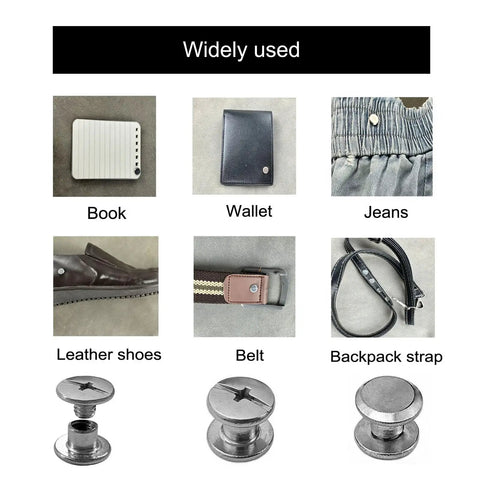 Image showing various uses of the Workhorse Chicago Screw Rivet Kit for leather bags, photo albums, and more, with 304 stainless steel screws.