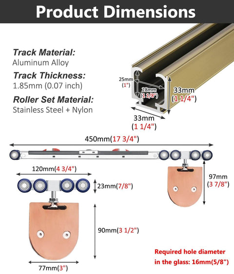 Pro Grade Dual Soft Close Sliding Glass Door Track System For Frameless Bathroom Doors, Champagne Finish, 16.7ft Rail dimensions