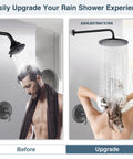 Before and after installation of Spa Quality 9 Inch Rain Shower Head Delivers High Pressure Waterfall Spray in Oil Rubbed Bronze.