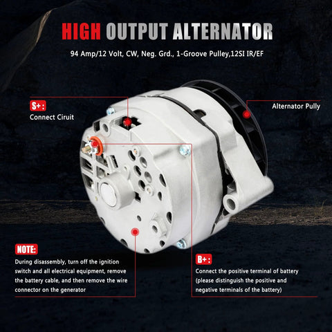 Beefy 140 Amp Delco 12Si One-Wire High Output Alternator 7273-12 Compatible with diagrams showing connection points and pulleys.