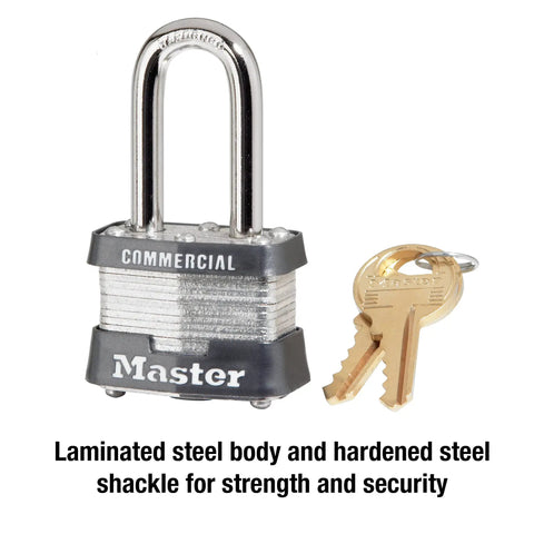 Outdoor Padlock With Key For Gates And Fences Sheds Garages And Tool Boxes Built Tough As Nails With Hardened Steel Shackle And Laminated Steel Body Commercial Grade Security For Home And Shop Use next to two brass keys