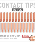 Premium 25-Pack 000-068 0.035 Inch MIG Welding Contact Tips arranged in a grid, ideal for Miller and Hobart torches.