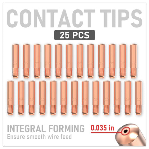 Premium 25-Pack 000-068 0.035 Inch MIG Welding Contact Tips arranged in a grid, ideal for Miller and Hobart torches.