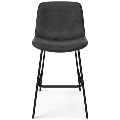 Front view of Contemporary 24 Inch Counter Height Stool Set Of 2 In Distressed Charcoal Grey Vegan Faux Leather, metal legs.