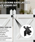 Self Closing Gate Hinge And Latch Kit For Wooden And Vinyl Fence Gates, Easy Install, Durable Weatherproof Self Locking Gate Latch, Fits Outdoor Fences Like Pool Gates And Barn Doors, Smooth Quiet Operation black self-locking latch and hinges on white vinyl gate