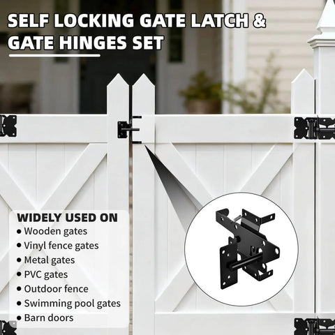 Self Closing Gate Hinge And Latch Kit For Wooden And Vinyl Fence Gates, Easy Install, Durable Weatherproof Self Locking Gate Latch, Fits Outdoor Fences Like Pool Gates And Barn Doors, Smooth Quiet Operation black self-locking latch and hinges on white vinyl gate