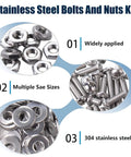 All-In-One 700-Piece 304 Stainless Steel Screws Bolts Nuts And Flat Washers Assortment Kit With Storage Box Includes 4-40, 6-32, 8-32, 10-24 Phillips Pan Head Screws For DIYers image showing various components