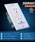 No-Fuss Tamper-Resistant GFCI Outlet With LED Indicator And Self-Test, features and UL listing visible, white receptacle.