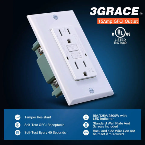 No-Fuss Tamper-Resistant GFCI Outlet With LED Indicator And Self-Test, features and UL listing visible, white receptacle.