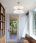 Slick Modern Pendant Chandelier With Off White Fabric Shade And Brass Finish Adjustable Hanging Light in hallway