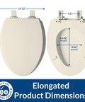Premium Elongated Toilet Seat With Smooth Slow Close Lid Built Tough Durable Hardwood Frame dimensions shown, 14.12x18.94 inches, biscuit color.