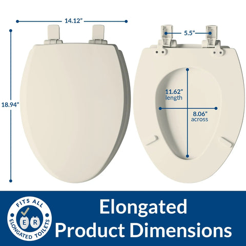 Premium Elongated Toilet Seat With Smooth Slow Close Lid Built Tough Durable Hardwood Frame dimensions shown, 14.12x18.94 inches, biscuit color.