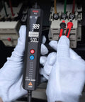 Rechargeable Multimeter And Voltage Tester Kit With Color LCD Display And EBTN Readout in use with electrical panel