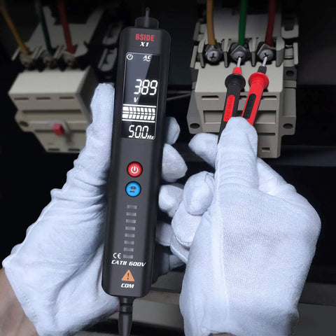 Rechargeable Multimeter And Voltage Tester Kit With Color LCD Display And EBTN Readout in use with electrical panel