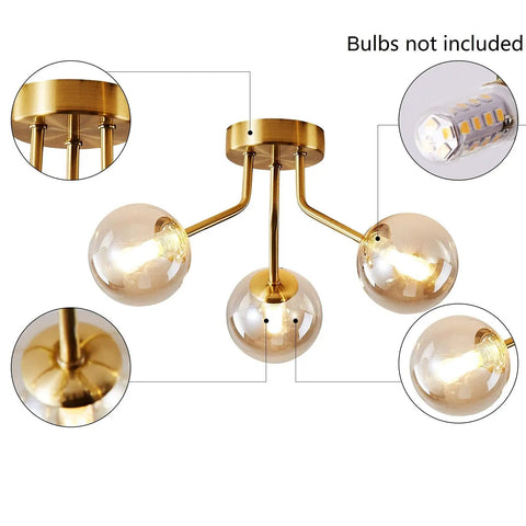 Three Light Sputnik Chandelier In Bold Gold Finish Semi Flush Mount Ceiling Light Fixture With Glass Globe