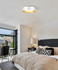 Modern Flush Mount Ceiling Light Fixture 12.5 Inch Round Close To Ceiling White And Gold Metal Minimalist Design for Bedroom