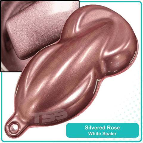 Top Shelf Silvered Rose Metallic Auto Paint Basecoat Gallon Ready To Spray With Slow Reducer For Hella Smooth Factory Grade Drip On Your Daily Driver Or Custom Build, showing Silvered Rose White Sealer color sample.