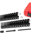 One Quarter Inch Drive Shallow And Deep 6-Point Impact Socket Set With Case, 61-Piece, SAE And Metric Sizes Displayed Next to Case