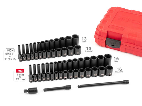 One Quarter Inch Drive Shallow And Deep 6-Point Impact Socket Set With Case, 61-Piece, SAE And Metric Sizes Displayed Next to Case