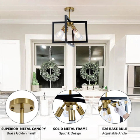 Farmhouse Industrial Ceiling Light Fixture Four Light Dope Vintage Modern Rectangle Black Gold Flush Mount in kitchen setting